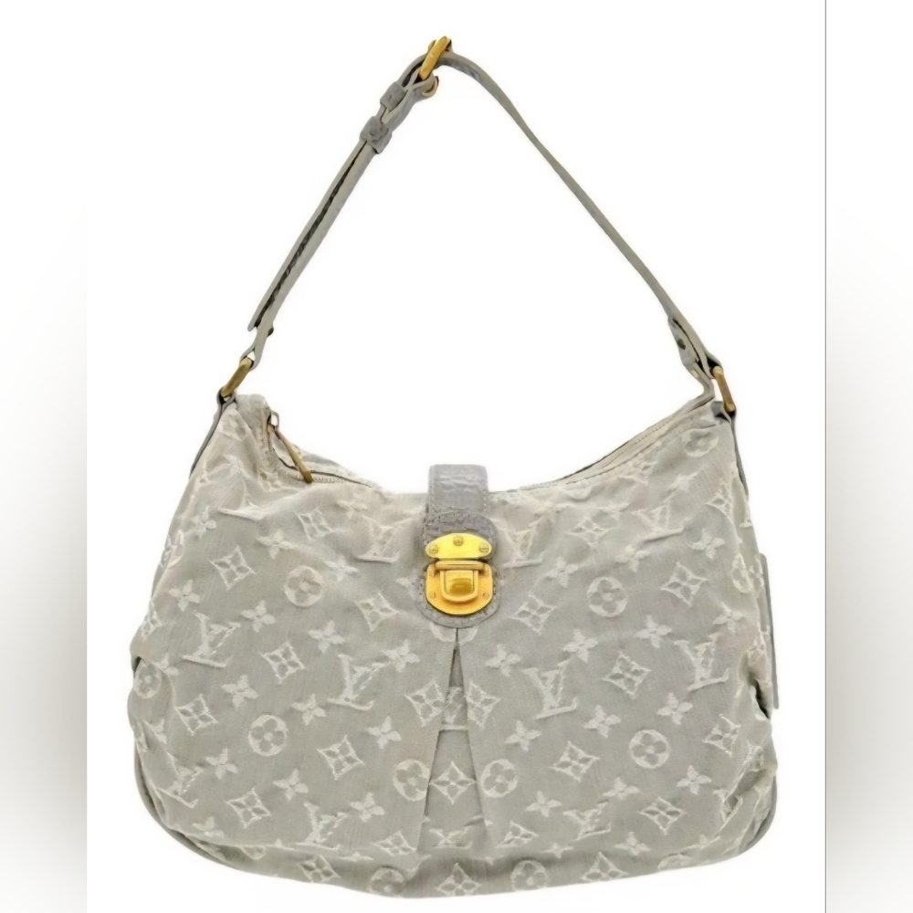 Louis Vuitton, Slightly- Gray Denim Monogram Shoulder Bag with Gold Hardware